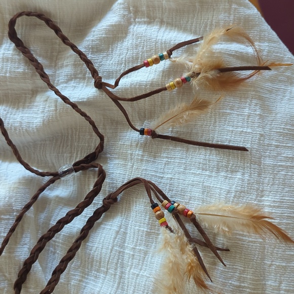 ? Brown Braided Hair Band / Necklace with Beaded Feather Accents